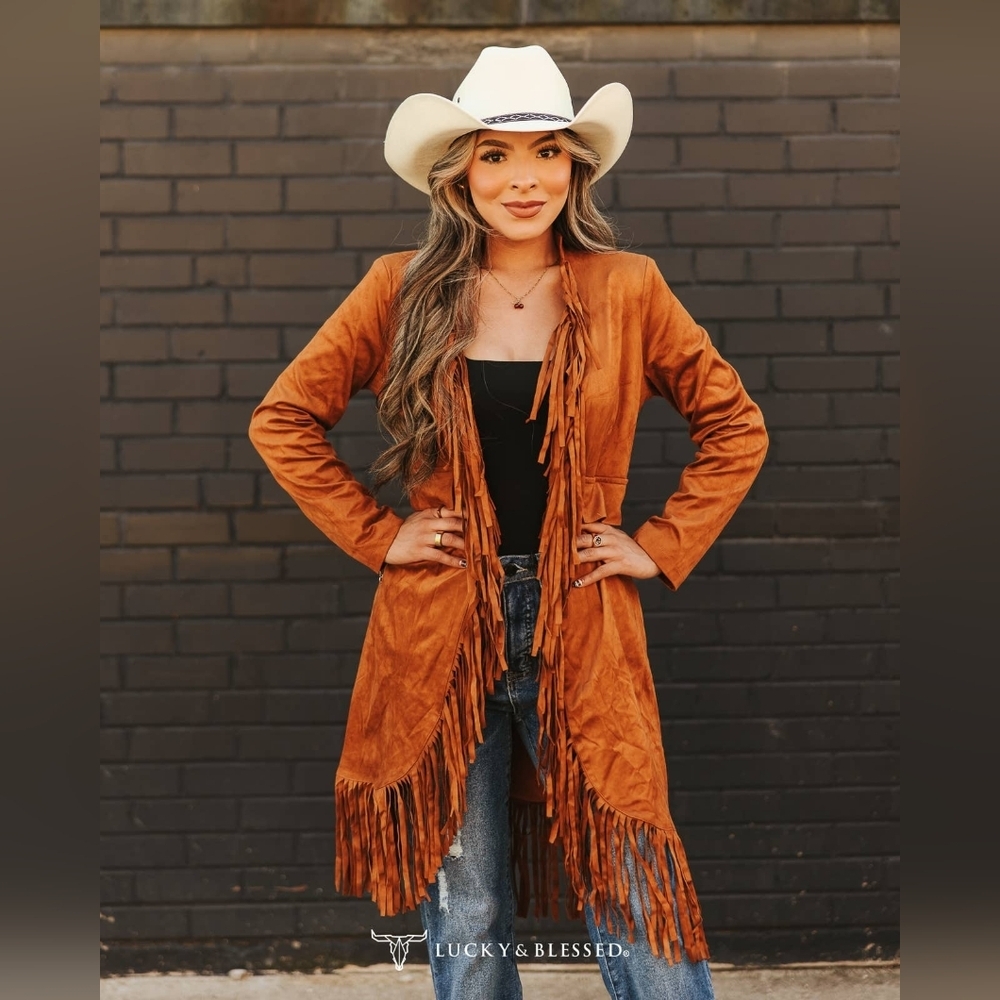 NWT Camel Faux Suede Jacket Blazer With Fringed Hem With Pockets